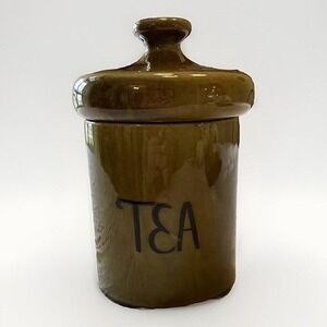Holiday Designs Tea Canister Olive Green Ceramic Jar Lid Vtg Mid Century 8.5"